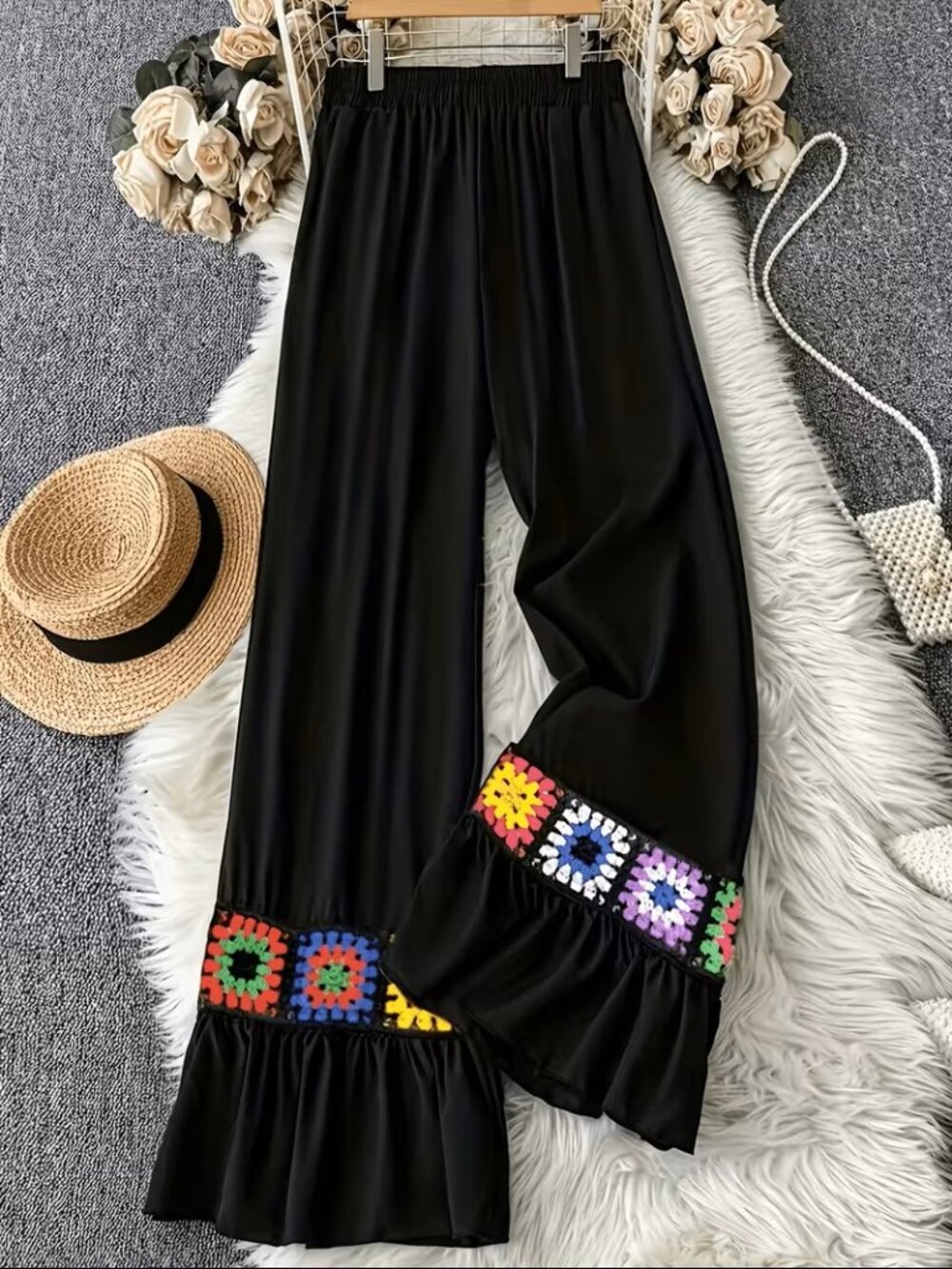 Unbranded Boho Crochet Granny Square Wide Leg Pants Black Elastic Waist NEW XL